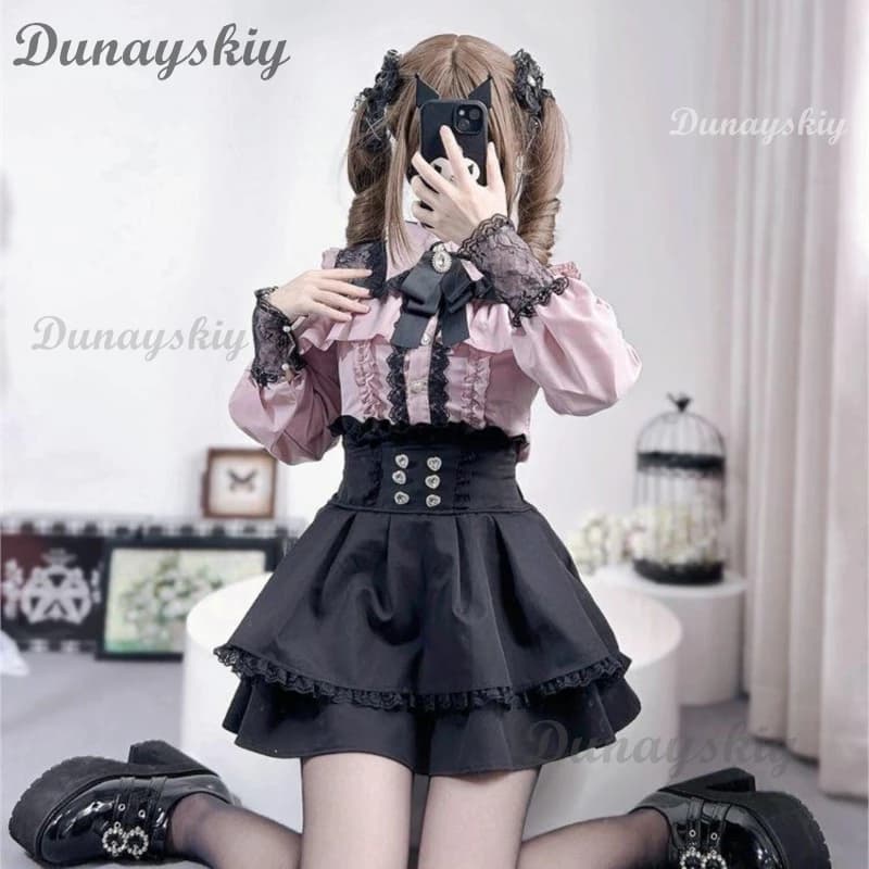 Jirai Kei Lolita Outfit Girls Long Sleeved Shirt with Bow Gonna Set Women's Kawaii Y2K Aesthetic Japanese Casual Clothing