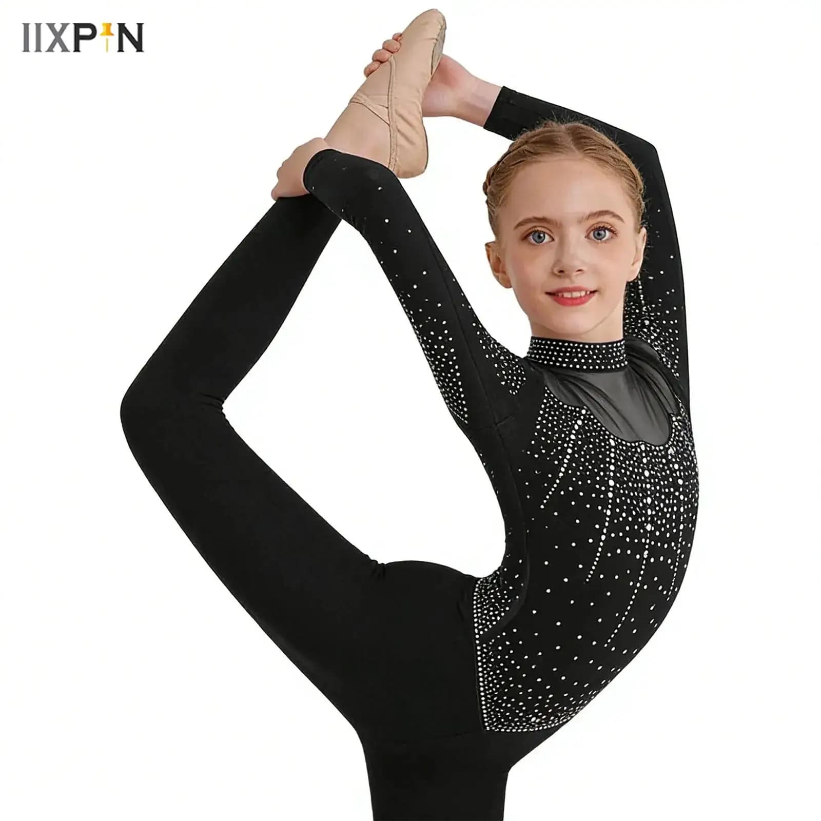 Body Intero per Ginnastica Artistica con Fascia per Capelli, Costume da Balletto con Strass per Bambine