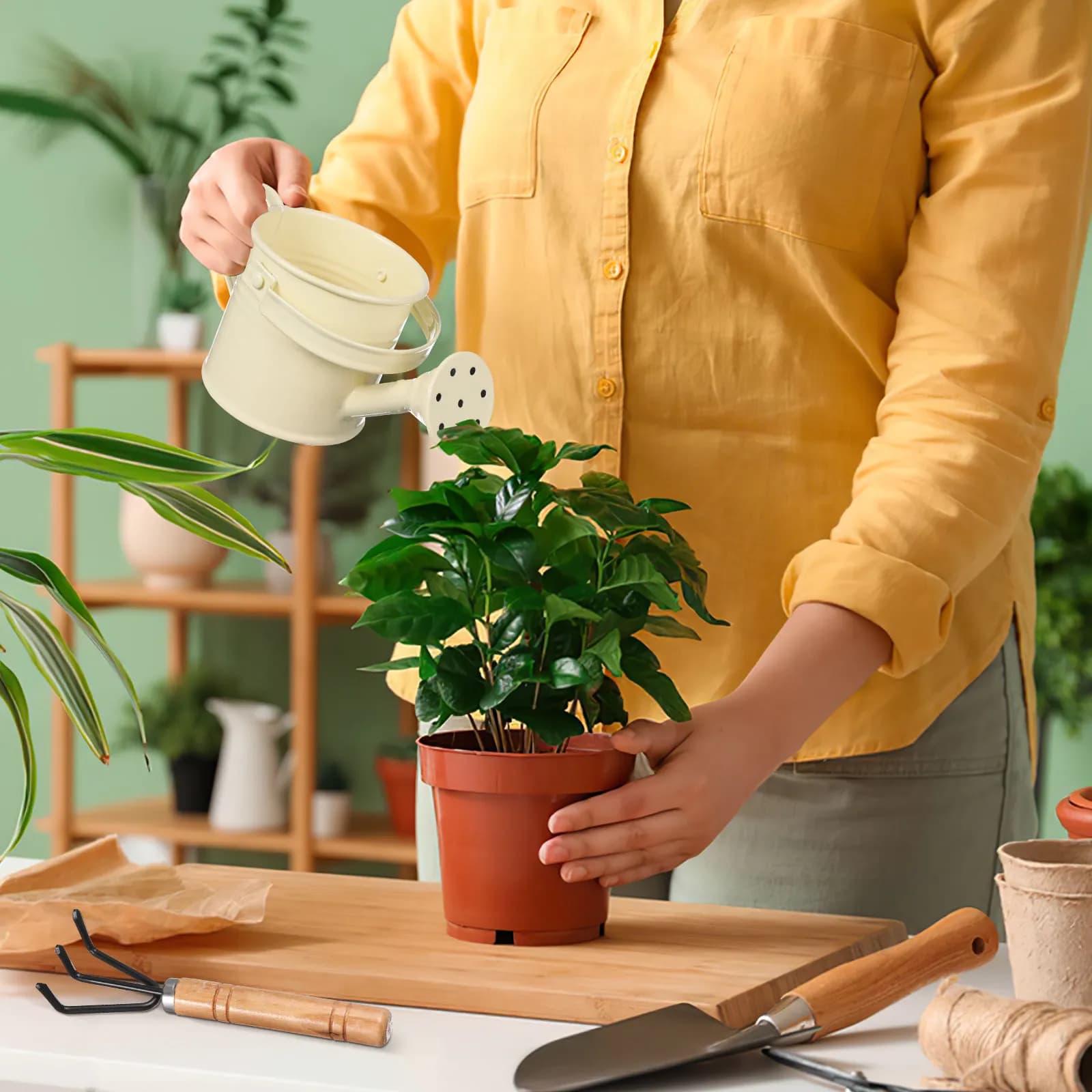 Set of 1 small metal watering machine with long bucket, set of gardening tools, essential for the care of indoor and outdoor plants.