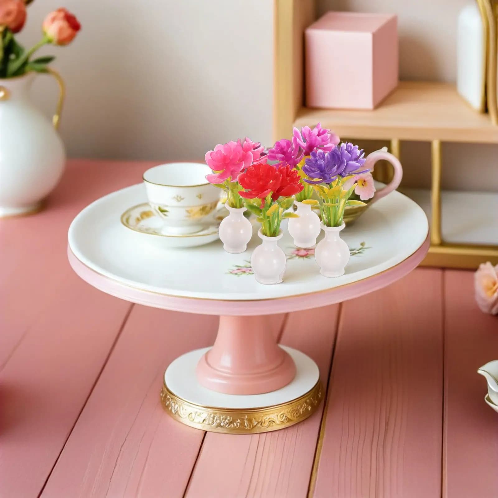 4 Pieces of Artificial Flowers in Miniature Vase, Realistic Plants for Micro Landscapes and Fai-da- Decorations ♪