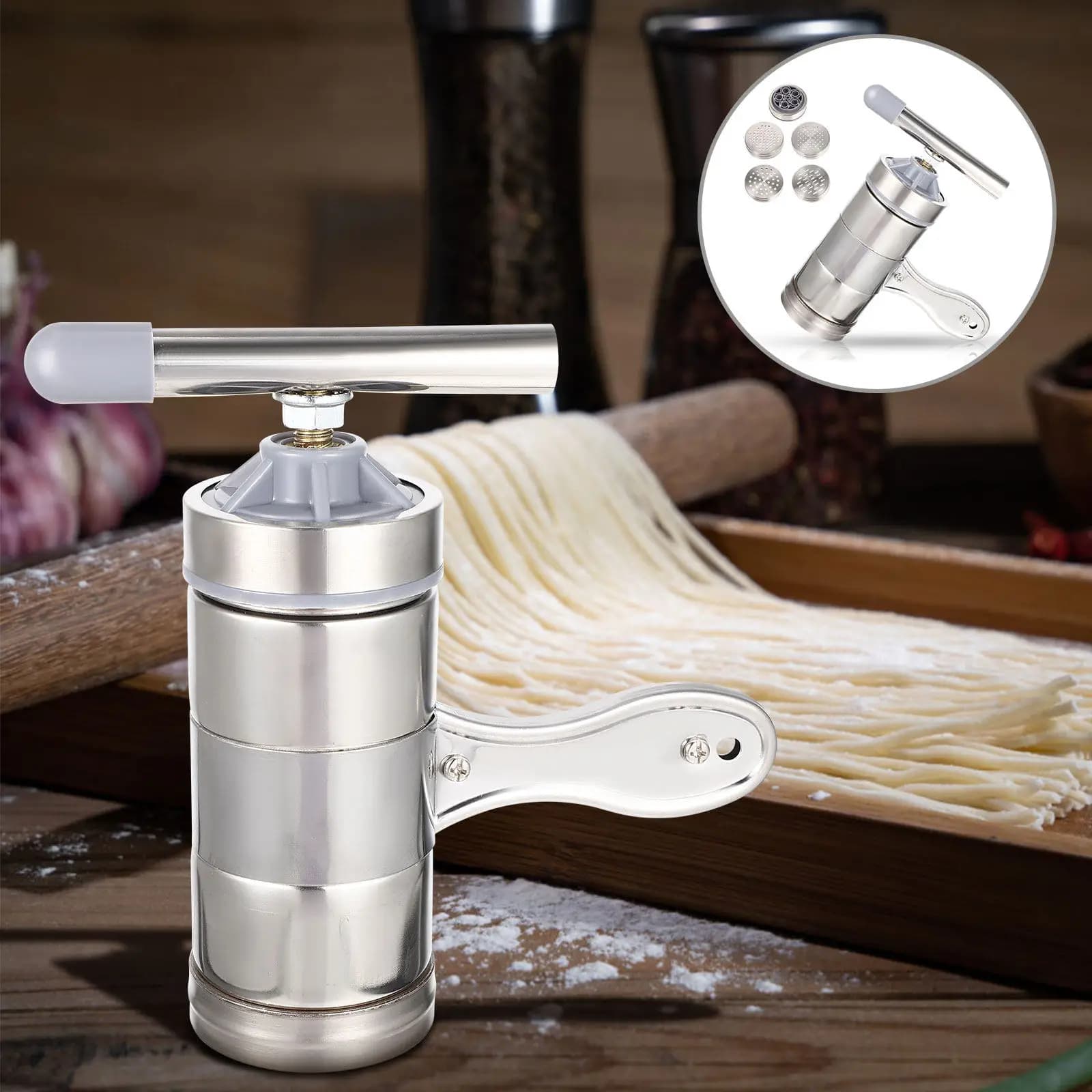 Set di 1 Macchina Manuale per Pasta in Acciaio Inox, per Spaghetti e Fettuccine, Utensile da Cucina per Uso Domestico