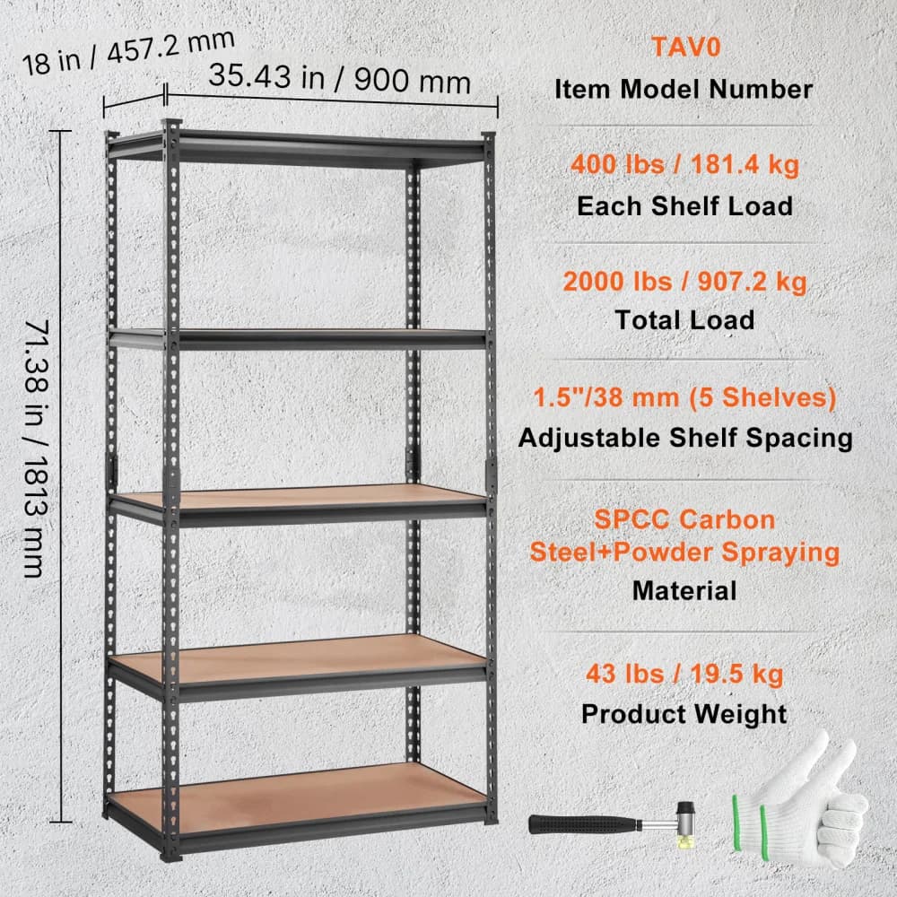 Scaffalatura Metallica Regolabile a 5 Ripiani per Carichi Pesanti, 900 kg, 76x30x152 cm, Nera, per Garage, Cucina, Dispensa, Seminterrato