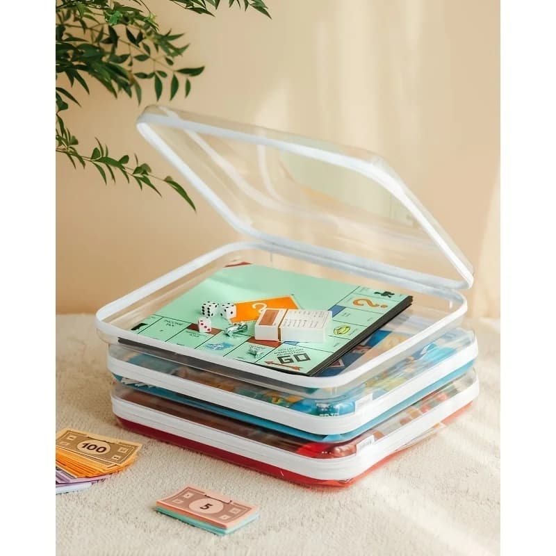1 large transparent box with rigid shell and zip closure - Organizer for table games durable plastic, suitable for games, puzzle