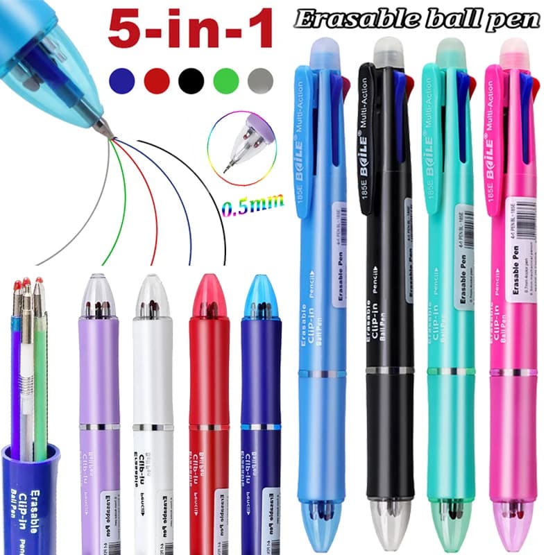 Penne gel cancellabili multicolori Creative 5 in-1, 2 pezzi, matita automatica con gomma per scuola, ufficio, articoli di cancelleria