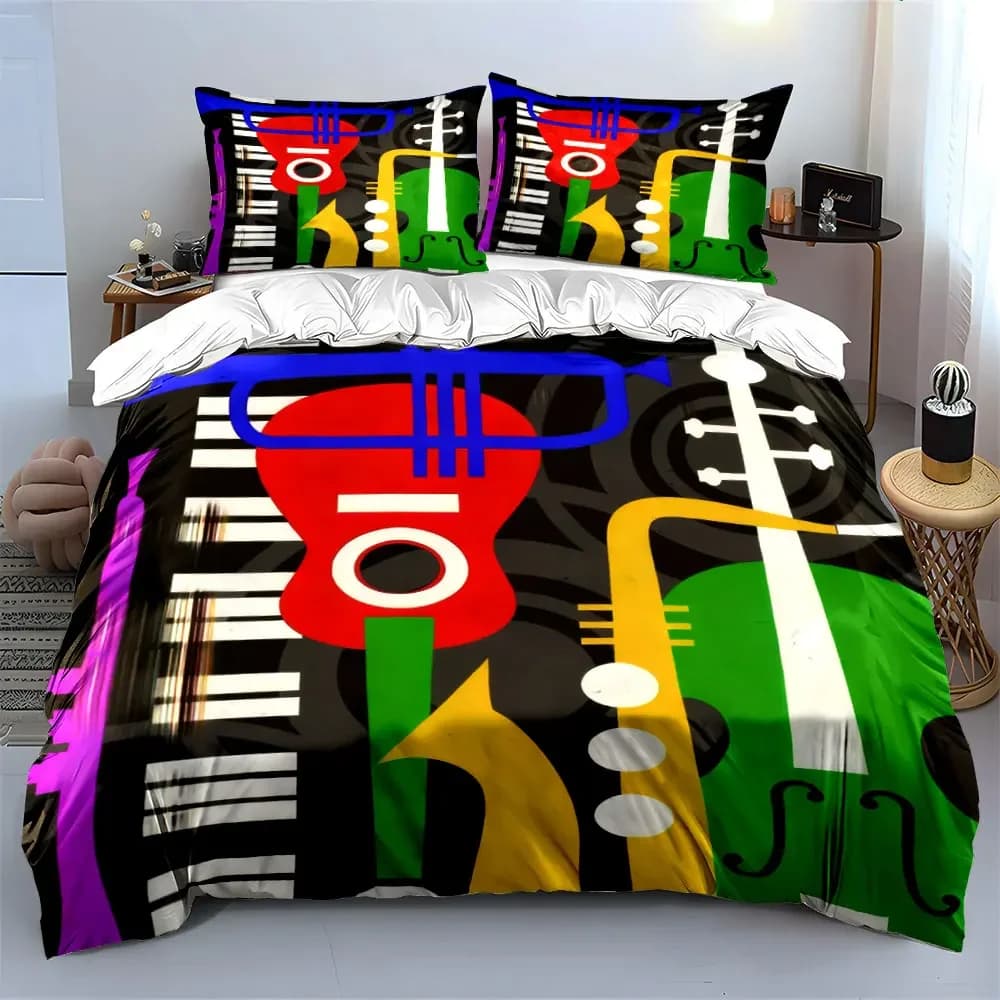 Set di biancheria da letto con decorazioni artistiche di strumenti musicali colorati, con 1 copripiumino, 2 federe, singolo, matrimoniale, king, queen, regalo