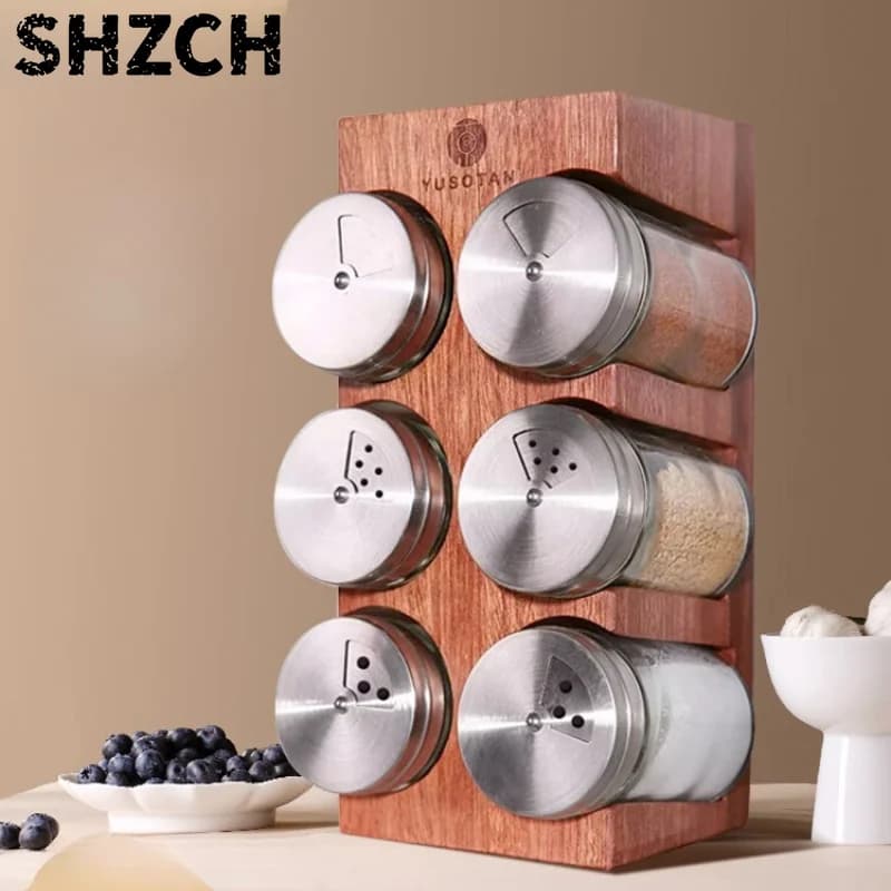 Wood Spice Jars Set Salt and Pepper Shakers Holders Kitchen Organizer Storage Container Household Seasoning Bottles Refillable