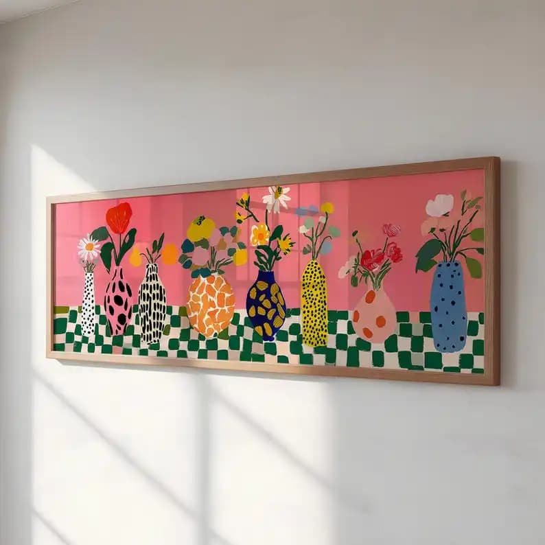 Stampa su Tela Moderna con Vaso di Fiori, Arte Murale Astratta Stile Matisse, Dipinto Panoramico Floreale Senza Cornice per Arredamento Soggiorno