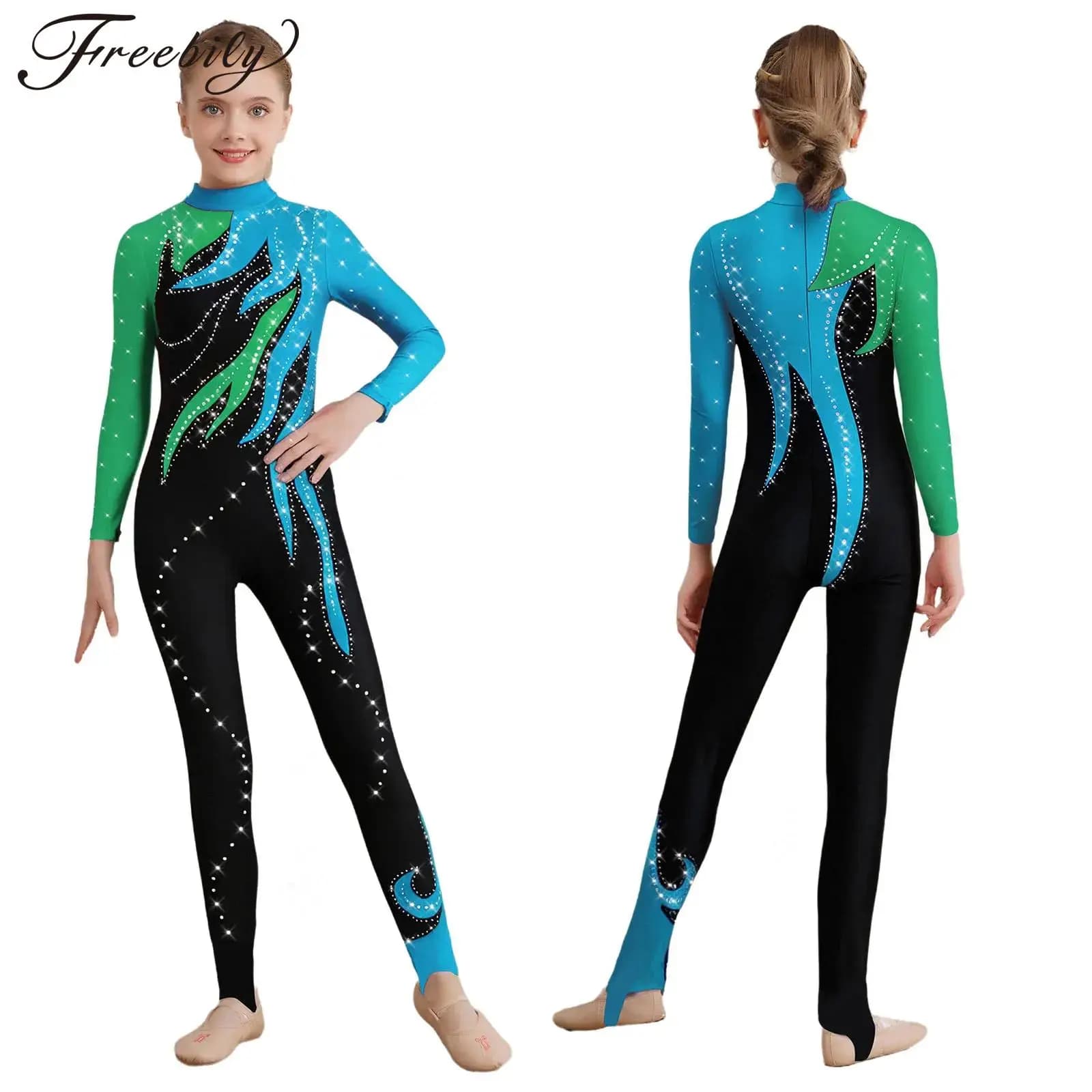 Bambini Ragazze Strass Lucidi Ginnastica Acrobazie Performance Costume Manica Lunga Pattinaggio di Figura Balletto Danza Body Unitards