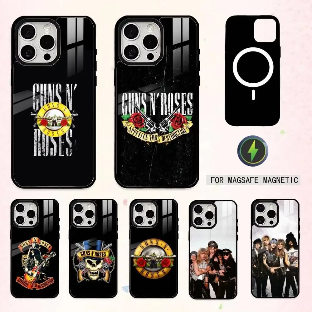 Cover per iPhone BAND G-Guns N' Roses per iPhone 17, 16, 15, 14, 13, 12, 11 Plus, Pro Max, magnetica per ricarica wireless MagSafe