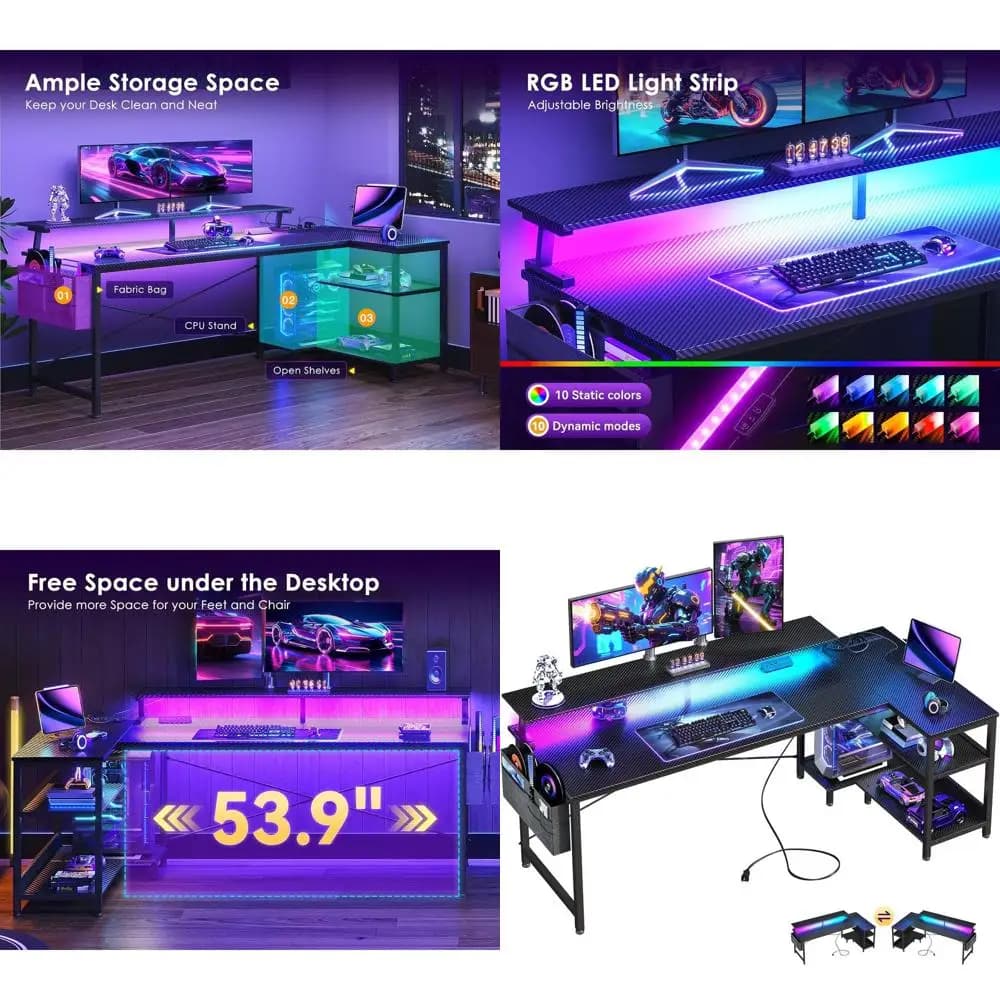 Reversible L Gaming Desk with USB Doors, LED Lights, Storage Pads and Monitor Support, Black Carbon Fiber