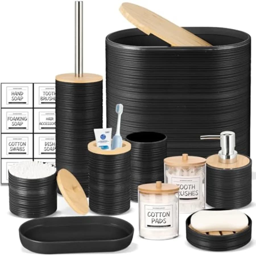 Accessori - Set di Accessori con Cestino, Dispenser Sapone, Portasapone, Portaspazzolino, Bicchiere Portaspazzolino, Portascopino WC, Porta Cotonetti
