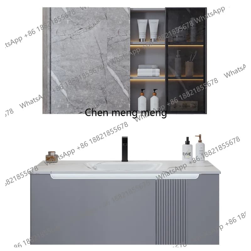 Mobili Bagno Combinati con Lavabo Integrato in Lastra di Roccia Curvata a Caldo, Specchio Intelligente e Armadietti Contenitori