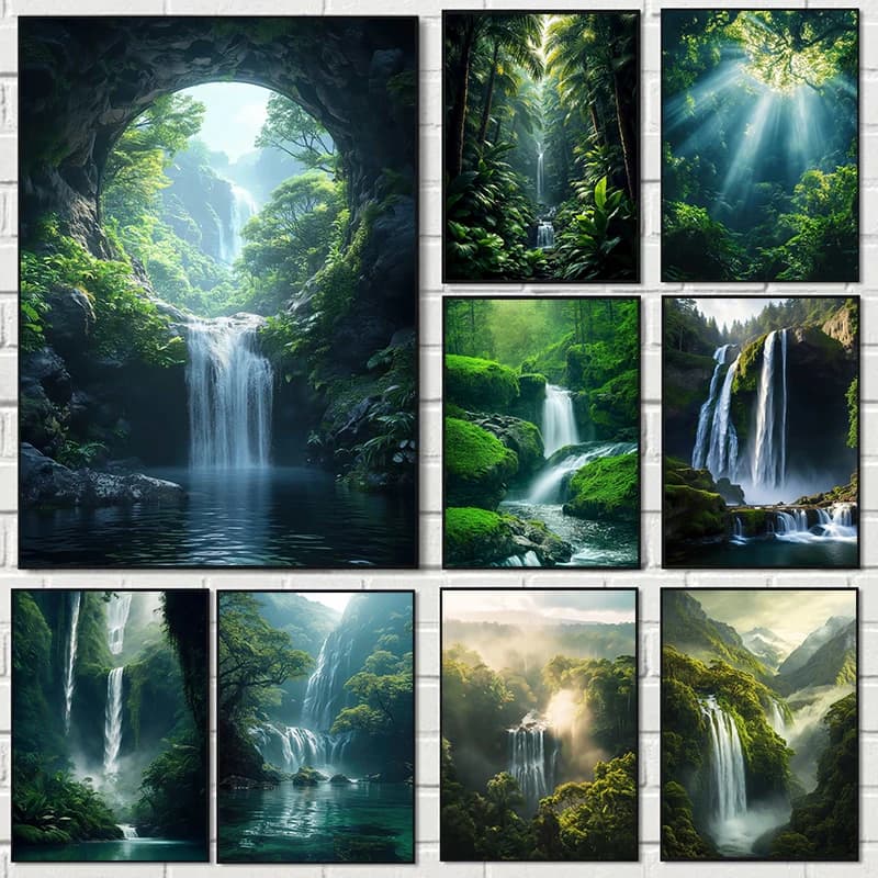 Natural Landscape Spectacular Waterfall Canvas Painting Green Tree Forest Posters Wall Art Prints Home Decor Frameless Paintings