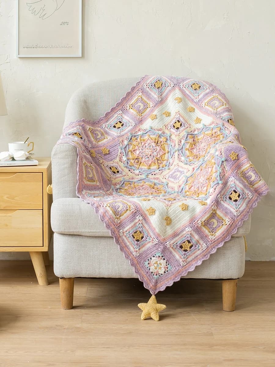 Kit Materiale per Coperta Luna e Stelle Sognanti, Uncinetto, Ago, Gomitolo di Lana, Kit Fai da Te per Tessitura, Fun Weaving Society