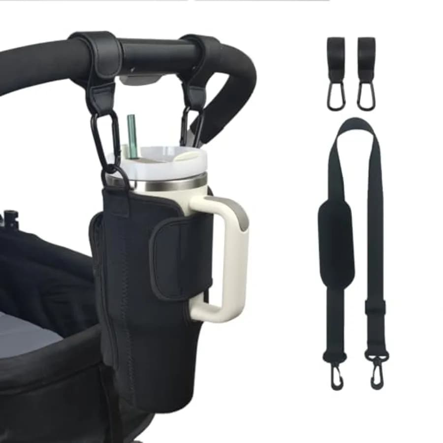 Stroller Cup Holder Compatible with Stanley, Stroller Cup Holder with Adjustable Strap and Pouch Taking Everywhere, Accessories