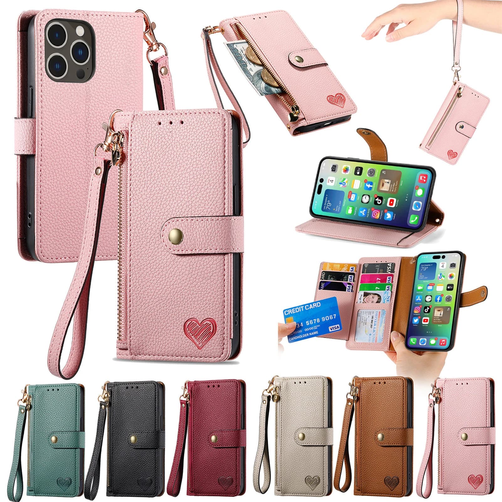 Custodia in pelle Solt con cerniera per iPhone 14 15 Pro Max 11 12 13 X XS XR 7 8 Plus SE 2022 RFID con cinturino da polso portamonete