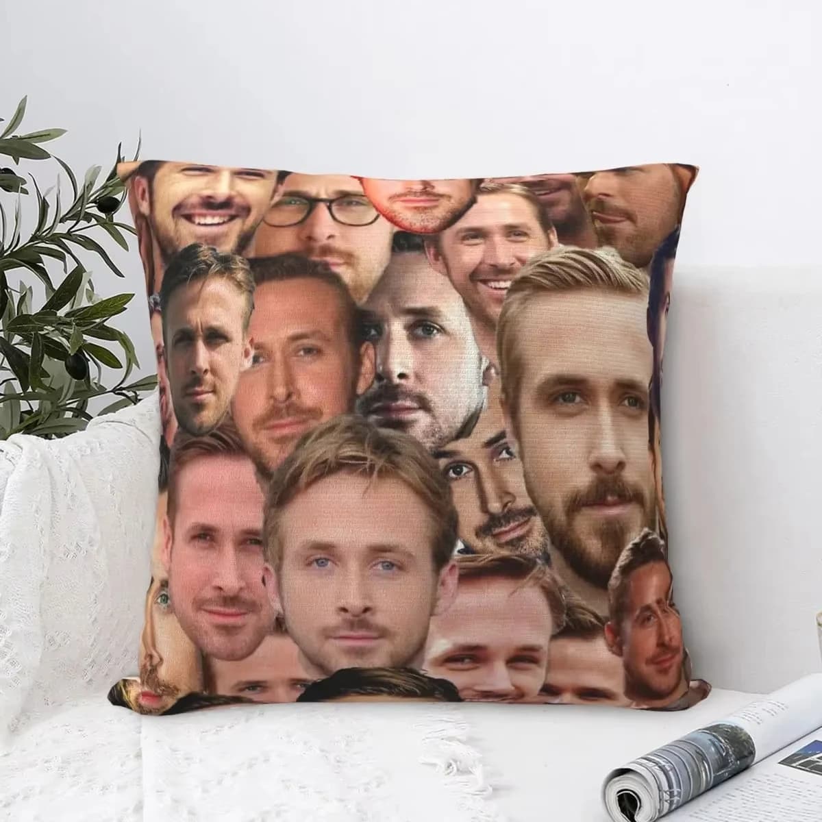 1 copricuscino con collage del viso di Ryan Gosling, stampa 2D su entrambi i lati, custodia per cuscino in morbido poliestere per casa, divano, camera da letto, auto