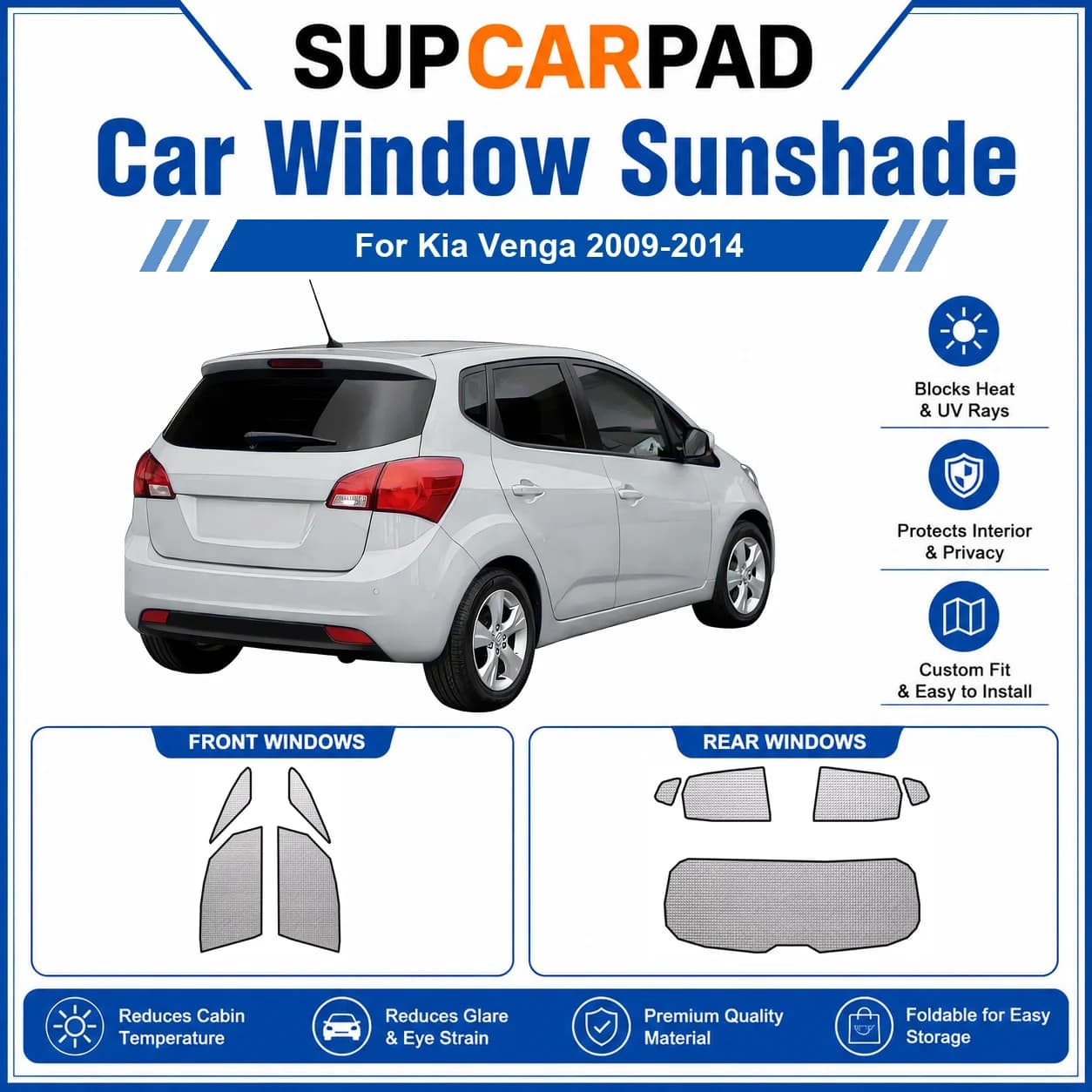 For Kia - Kia Venga 2009-2014 Full Set Car Window Sunshades UV Block Privacy Heat Insulated Foldable Car Curtain