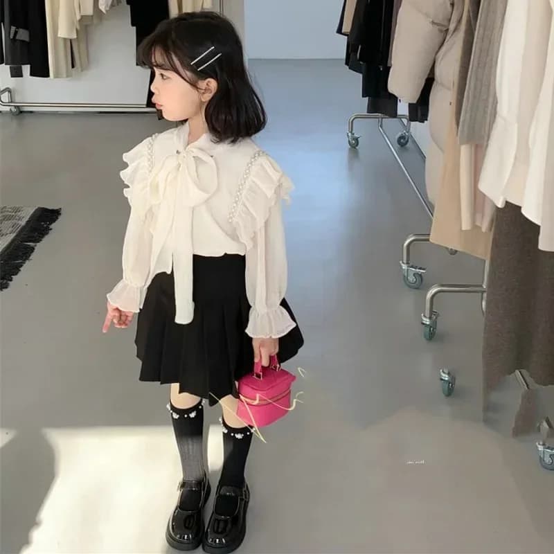 Spring New Children's Clothing Women's Top Set with Embossed Laces and Small Fragrance with Half Skirt Fold 2025