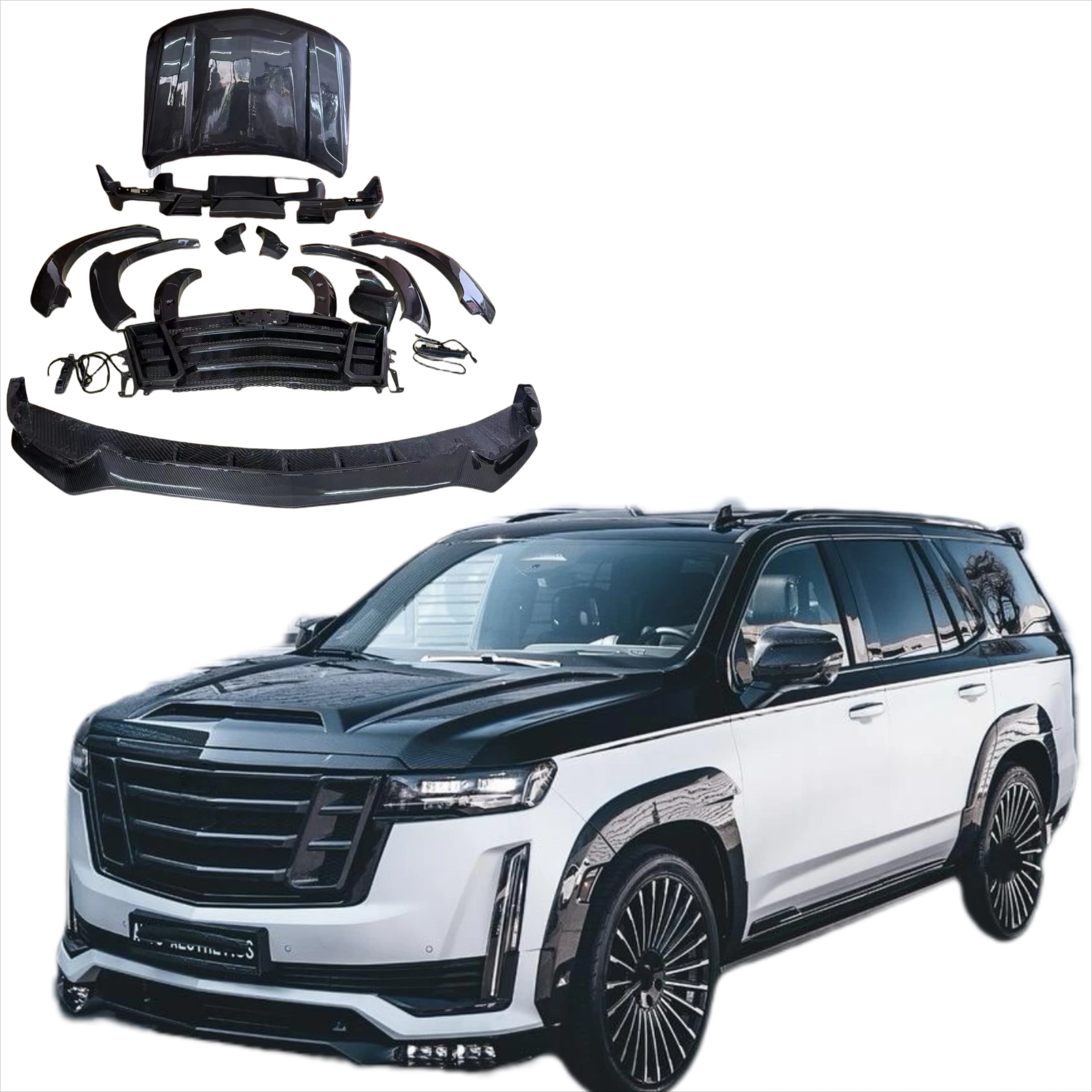 LD Style Carbon Fiber Wide Body Kit Front Lip Rear Diffuser Spoiler Hood Grill for Escalade