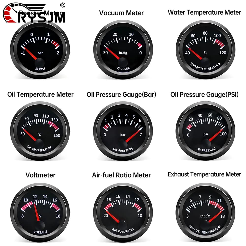 Indicatore per Auto da Corsa 2'' 52mm, Misuratore Temperatura Acqua, Temperatura Olio, Voltmetro, Pressione Olio, Vuoto, Pressione Turbo, Rapporto Carburante Aria, EGT