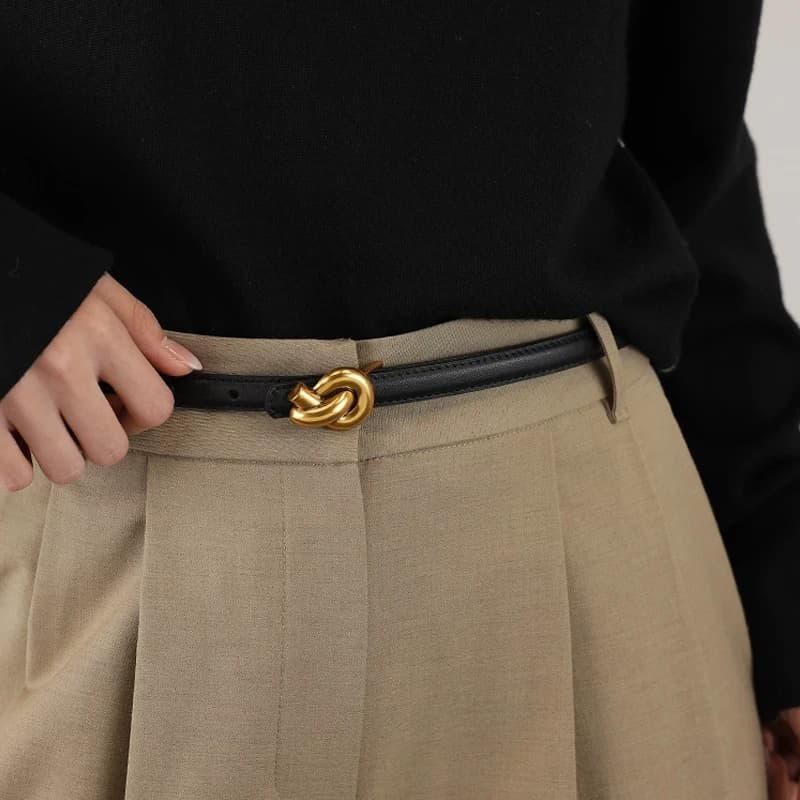 Cintura da Donna in Vera Pelle Premium con Elegante Fibbia a Nodo in Metallo, Perfetta per Abiti e Jeans