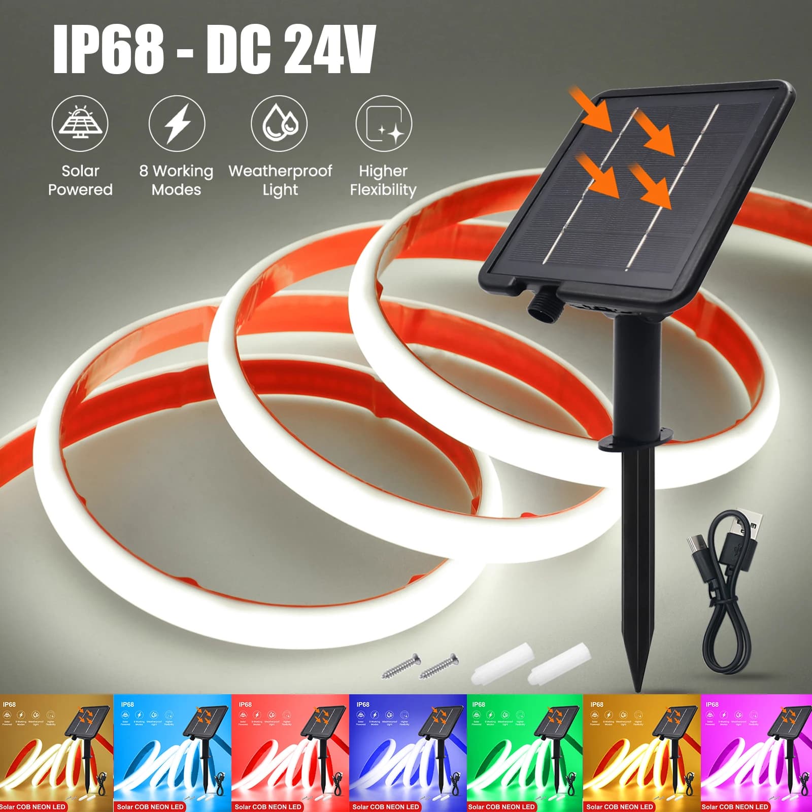 24V COB Neon Strip IP68 Waterproof White/Red/Ice Blue/Pink/Green/Pink/Purpel Solar Powered Flexible Ribbon Rope LED Light