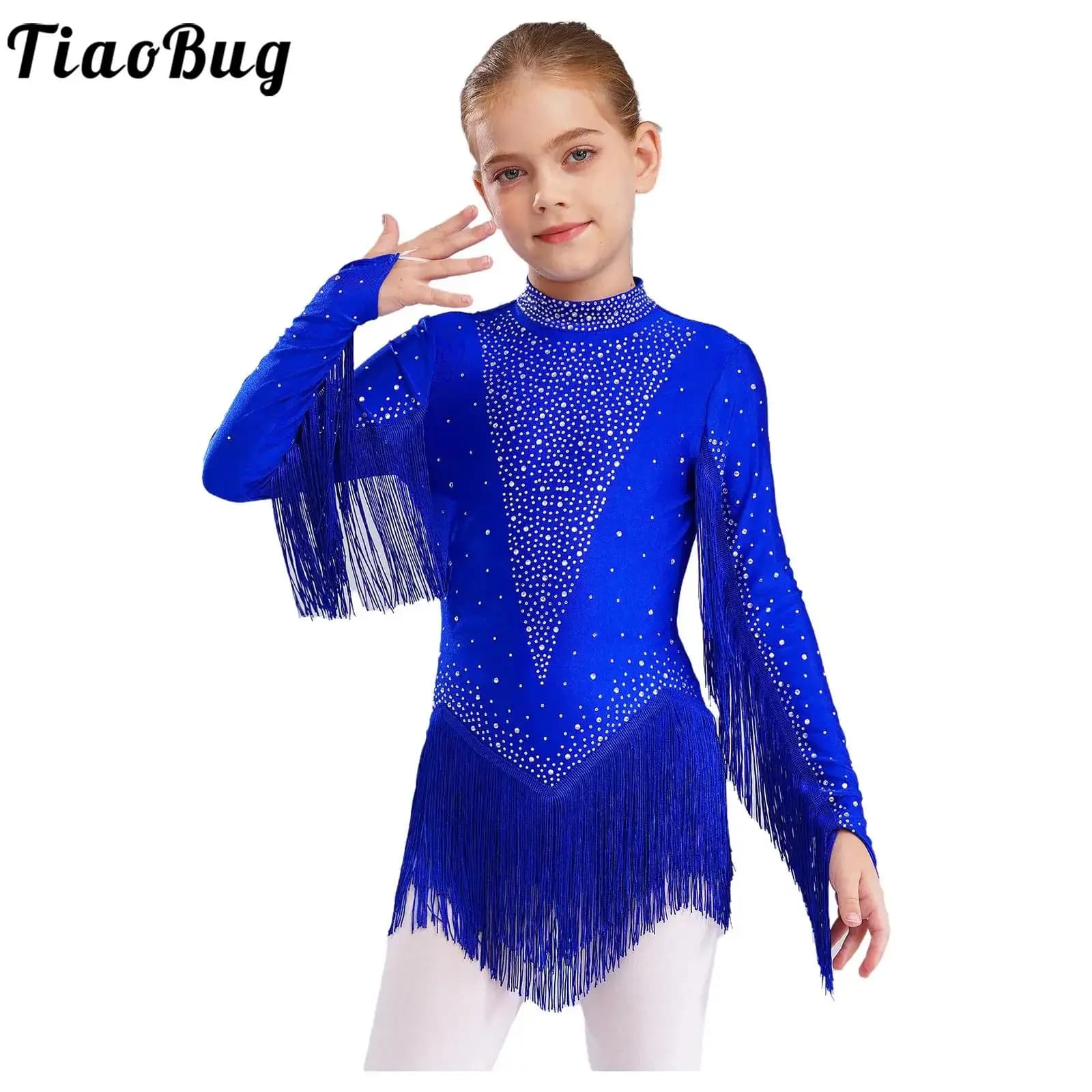 Ragazze Nappe Ballo latino Body Pattinaggio di figura Ginnastica Cha-Cha Performance Costume Manica lunga Strass Frangia Body