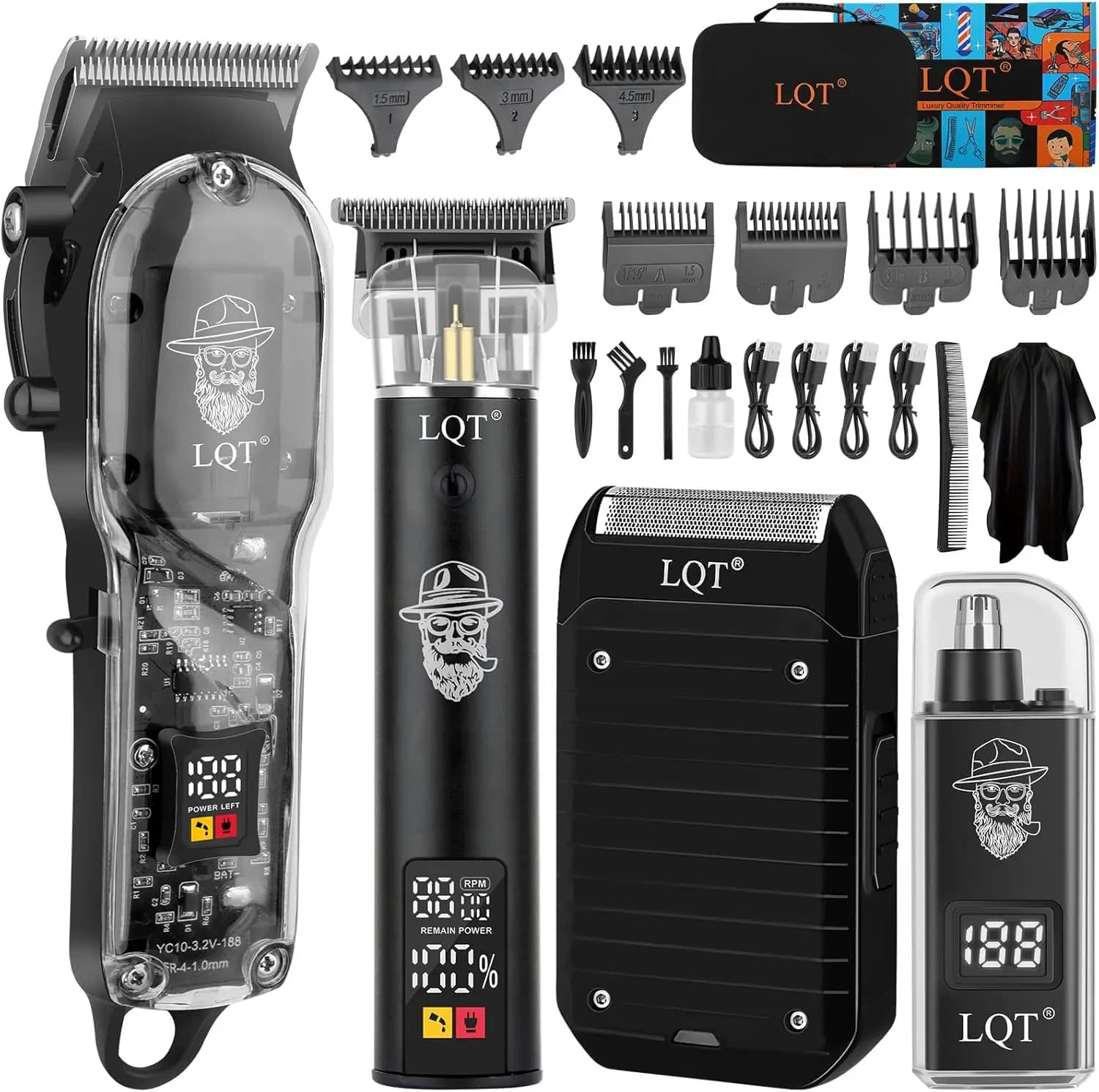 Set Regolacapelli 4-in-1 Senza Fili, Regolabarba e Rasoio a Lamina con Display LED