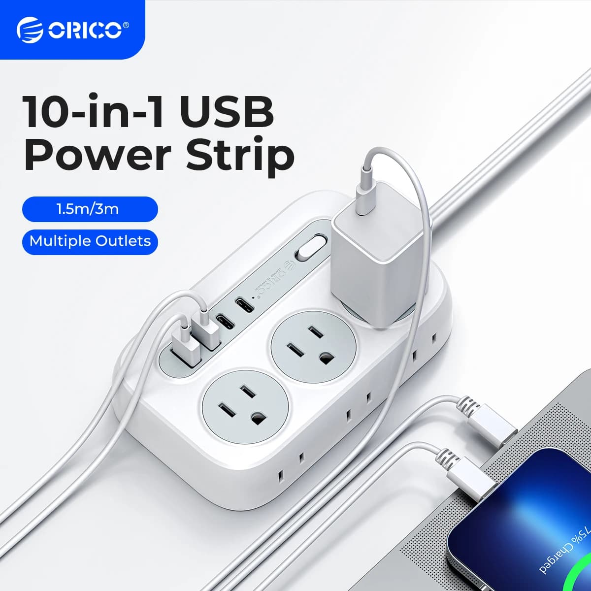ORICO Multipresa 6 prese CA 2 USB 2 Tipo C 1250W ricarica rapida Adattatore da viaggio Cavo di prolunga multi-dimensione per la casa all'aperto