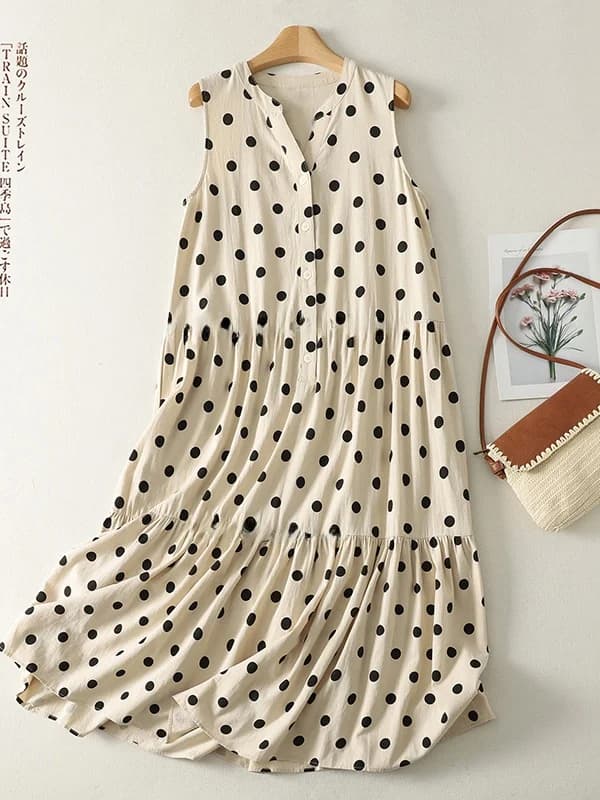 Abito Estivo da Donna con Scollo a V e Pois in Lino, Senza Maniche, Nuovo Stile Casual e Comodo per Vacanze, Gonna Lunga a Vita Alta e Linea A