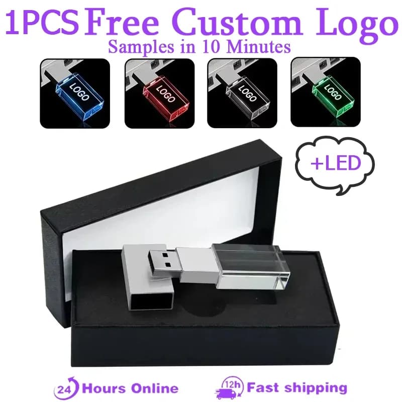 Chiavetta USB in cristallo di moda 128 GB con luce LED USB 2.0 Pendrive 64 GB Stampa 3D Logo personalizzato gratuito PenDrive 32 GB ad alta velocità