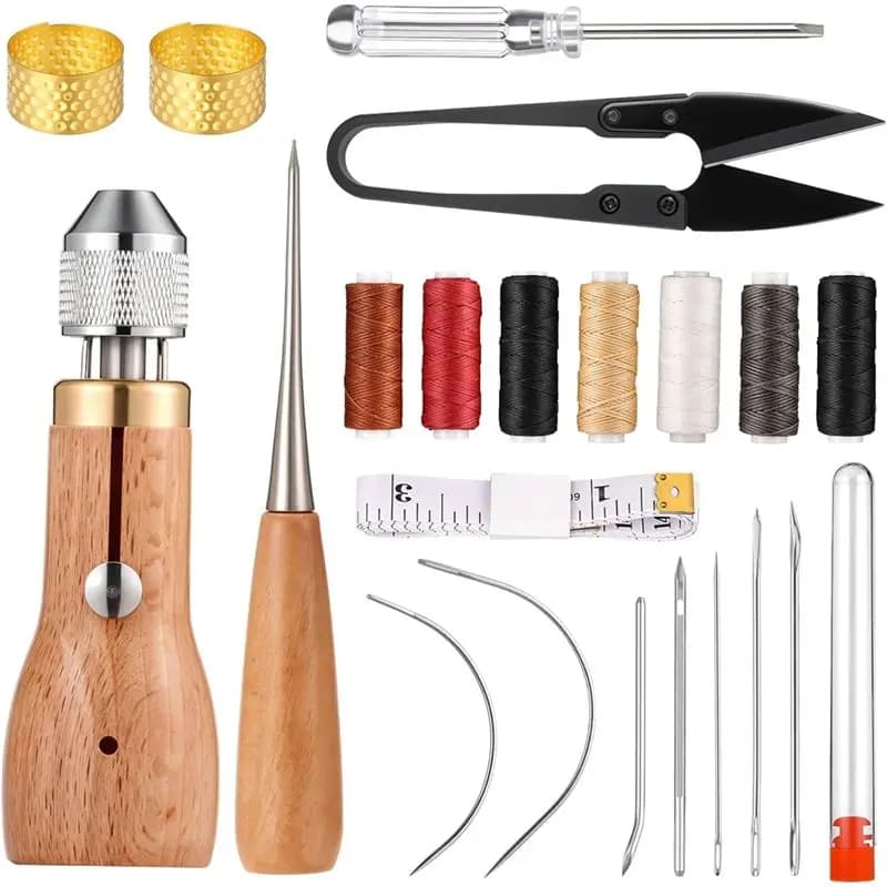 【RECOMMEND】Kit punteruolo per cucire in pelle con forbici per cacciavite (24 pezzi) con fili curvi dritti per artigianato, riparazione di mobili