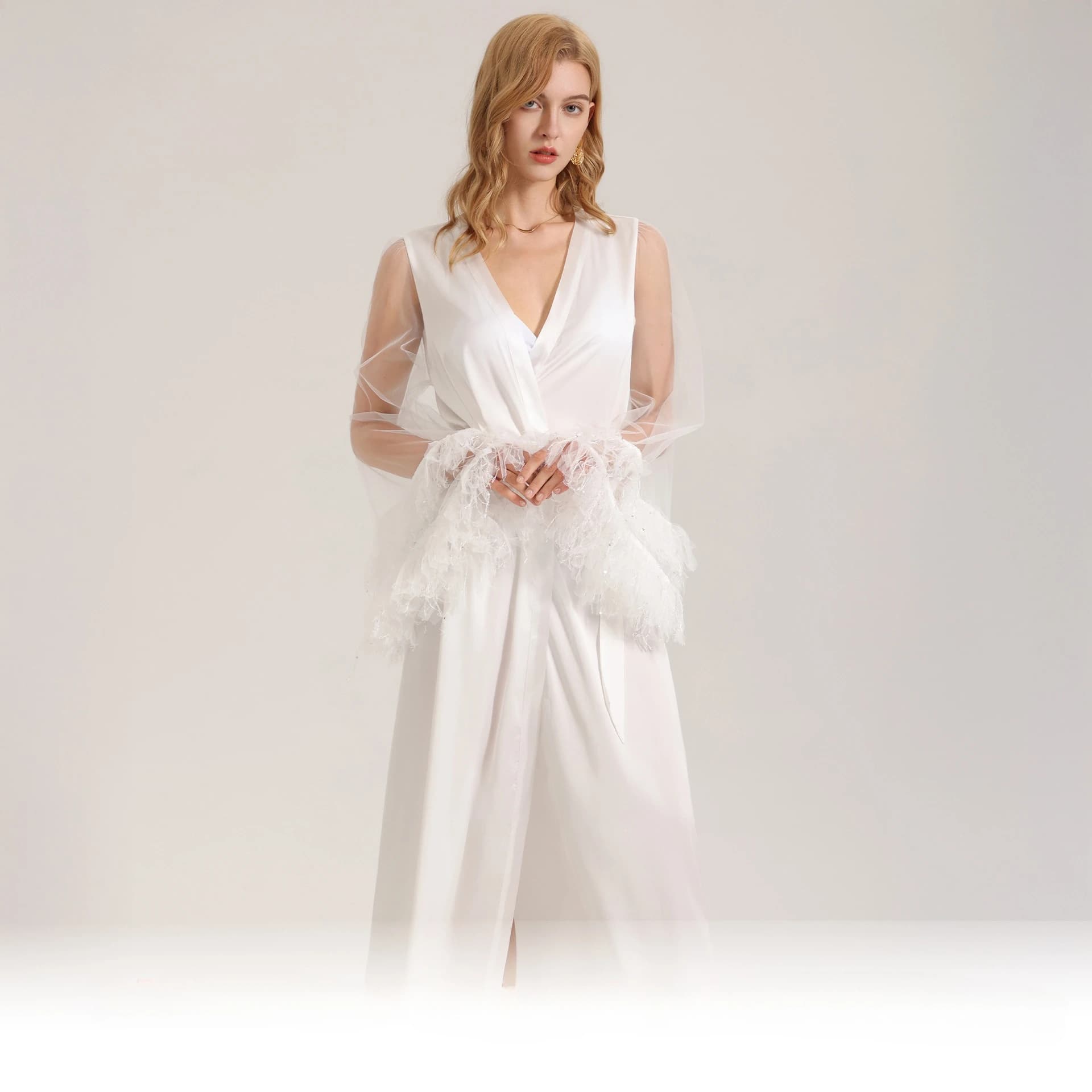 NightgownEurope, America, new pajamas women's satin mesh sexy long bathrobe morning robe thin women's nightgown loungewear