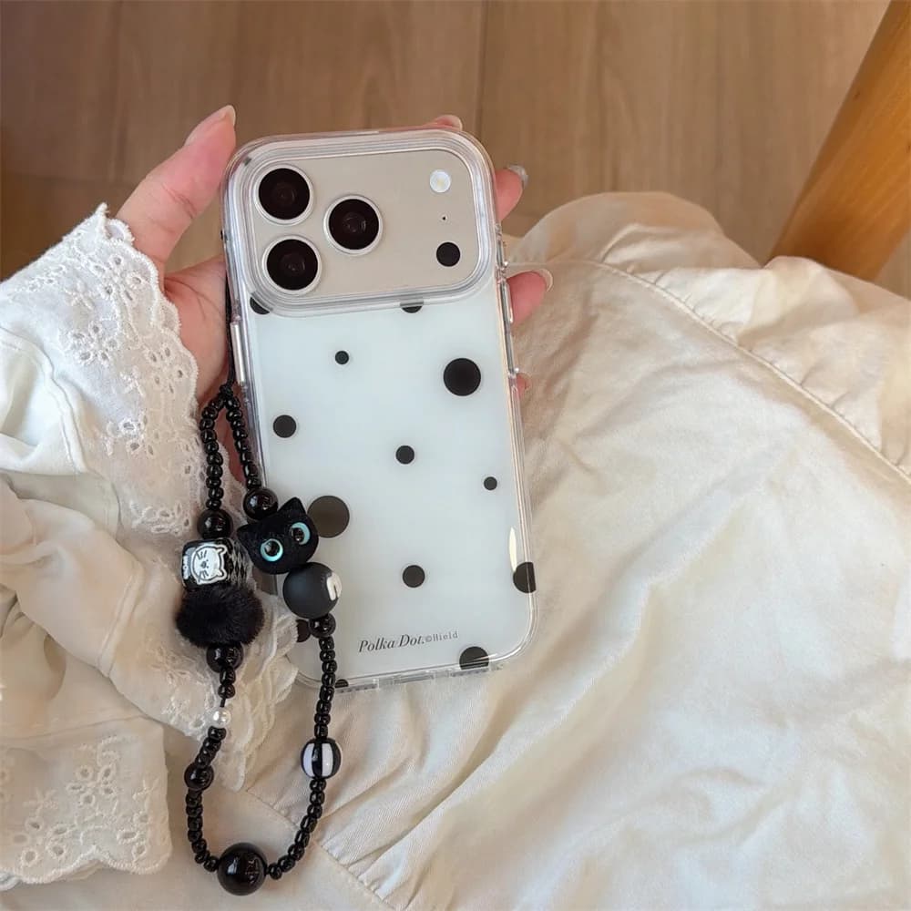 Korean Simple Polka Dot Silicone Phone Case for iPhone 16 15 Pro 14 13 16 Max 17 Pro Max Cover with 3D Black Cat Chain Cute Case