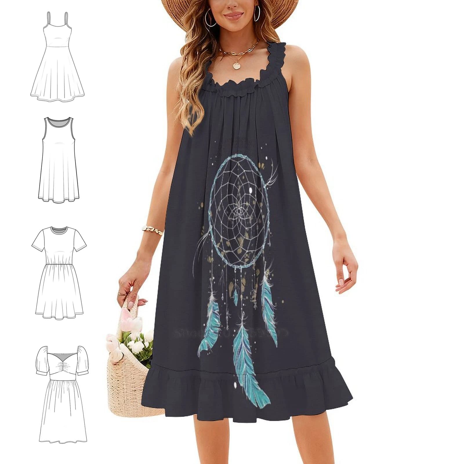 Dreamcatcher # 2 Vintage Bohemian Dress Puff Sleeve Or Sleeveless Options For Women Dress Catch Dreams Feathers Blingbling