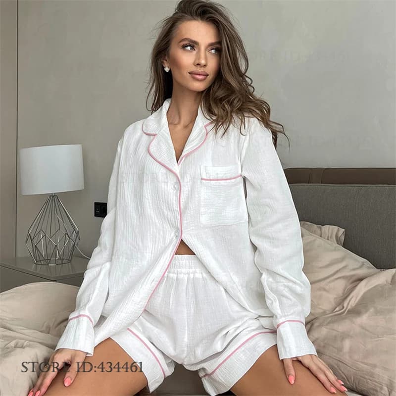 Nuovo Set Pigiama Estivo in Cotone per Donna, Abbigliamento da Casa Comodo e Traspirante con Maniche Lunghe e Pantaloncini