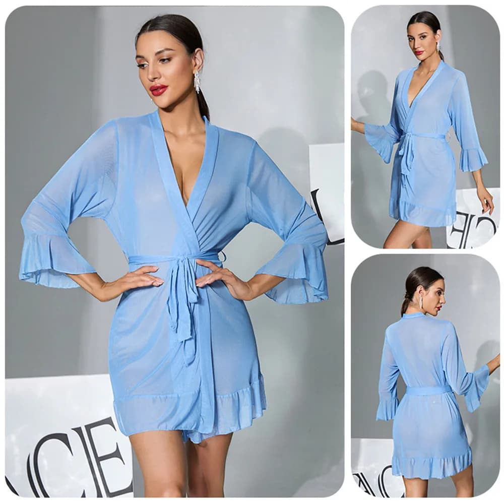 Blue Showcase in Chiffon with Volant for Woman, Sexy Night Shirt on the Net, Casual Home Bathrobe