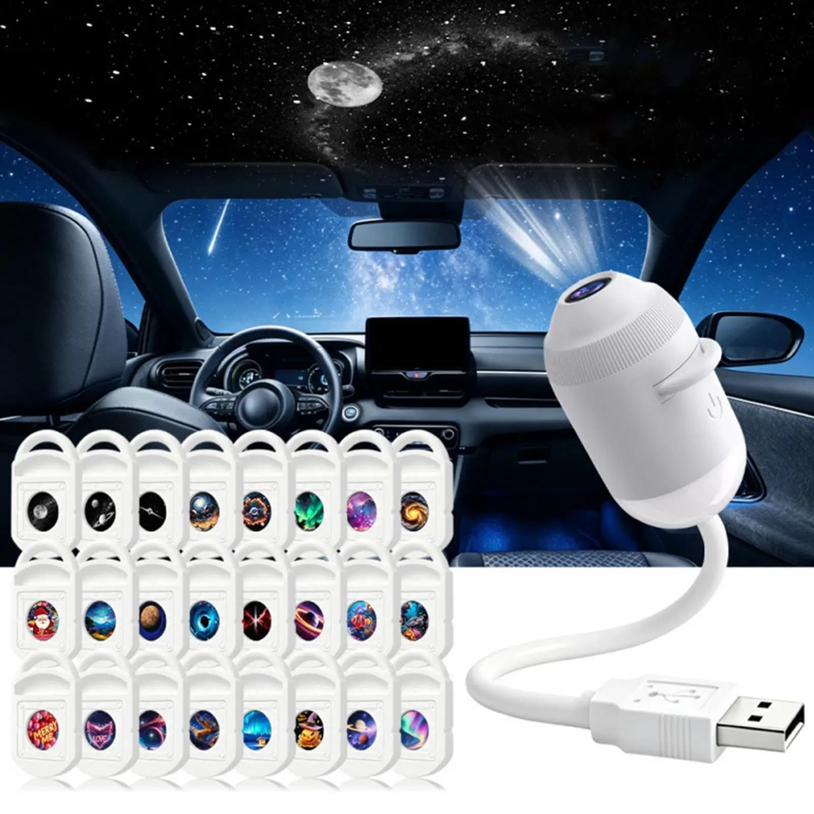 Rocket Galaxy Projection Light 24 Patterns Adjustable Focus Ambient Star Projector Lights Car Projection Space Moon Night light