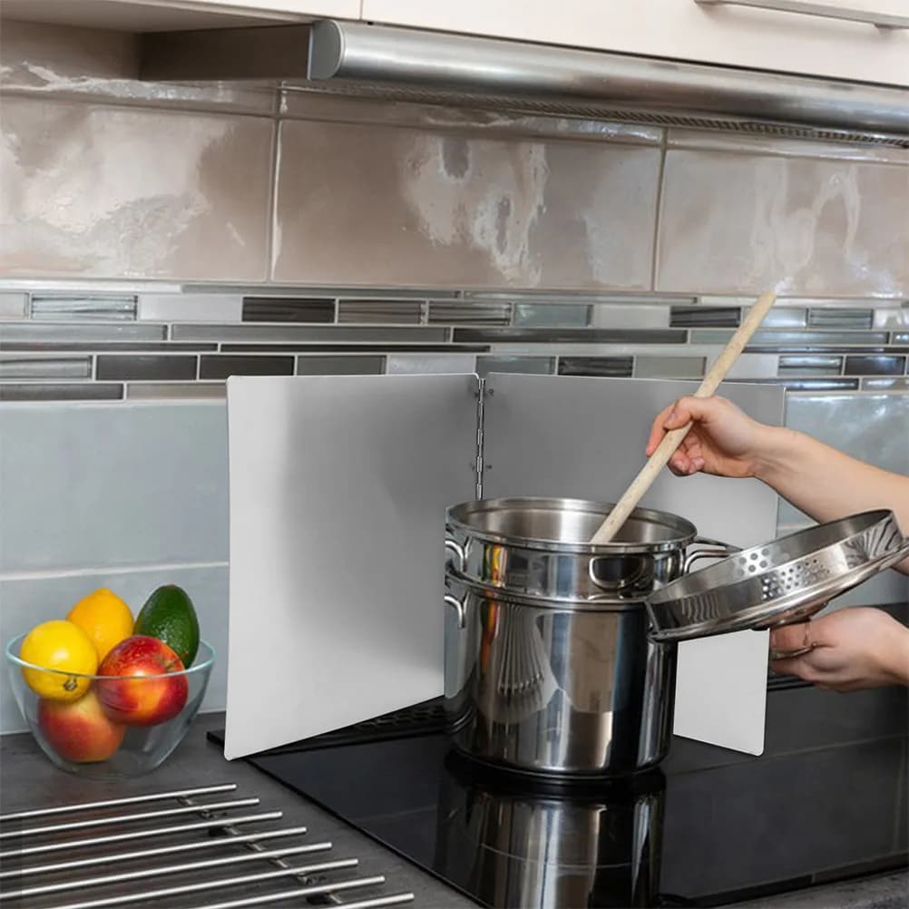 Stainless Steel 2-Side Oil Splatter Guard Foldable Heat Insulation Board Protective Splash Screen for Stove Frying Pan Kitchen