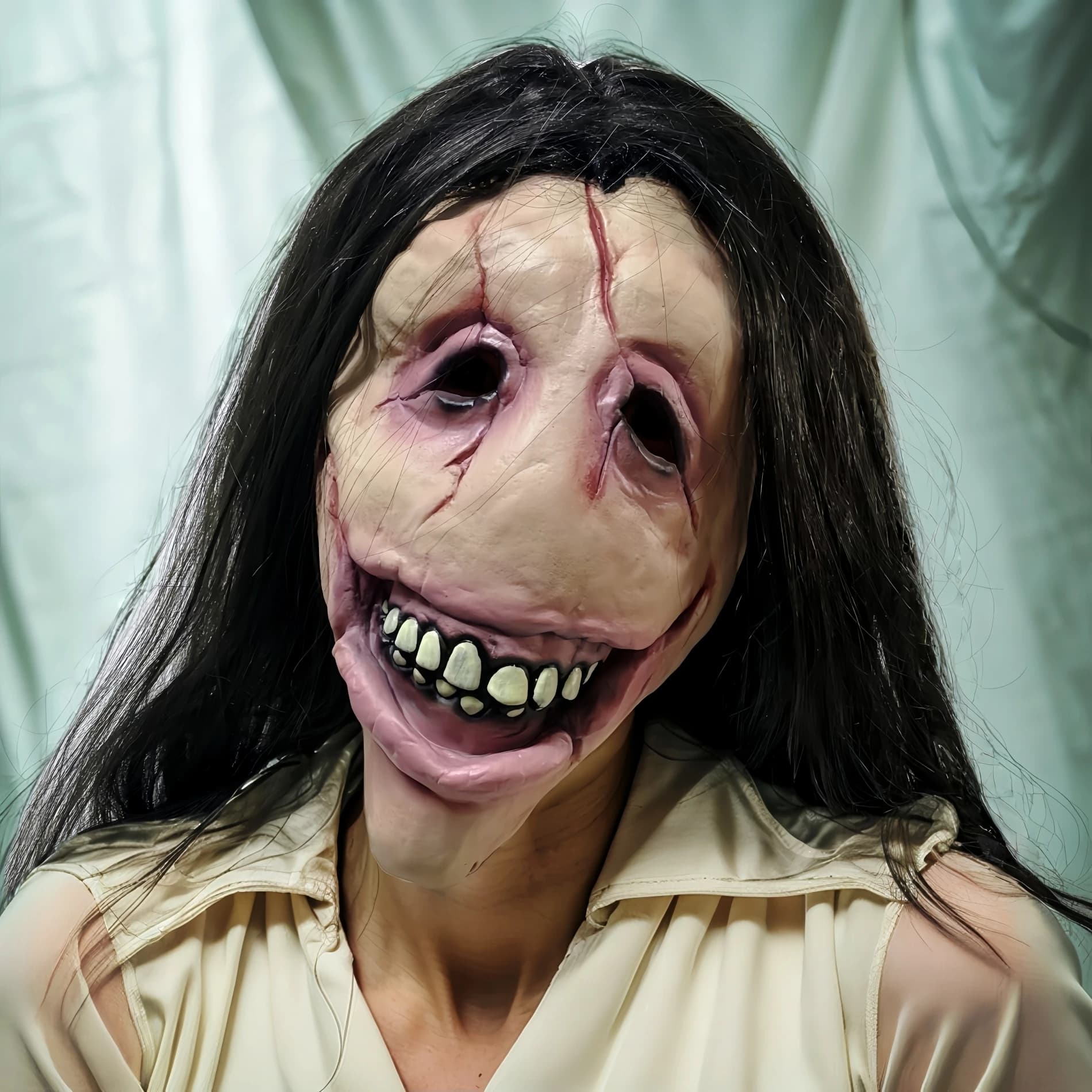 Halloween Horror Latex Face Slit Mouth Woman Mask Scary Female Ghost Hair Creepy Smile Cover Costume Cosplay Party Props Adults