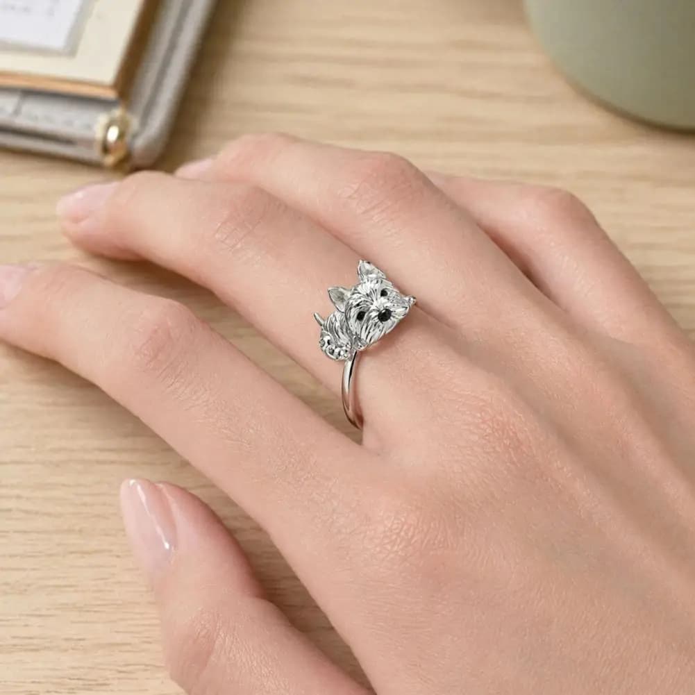 Puppy Silhouette Ring Dog Ring Hand-engraved Puppy Ring with Rhinestone Inlay Polished Alloy Finish Finger Dog Lover Jewelry