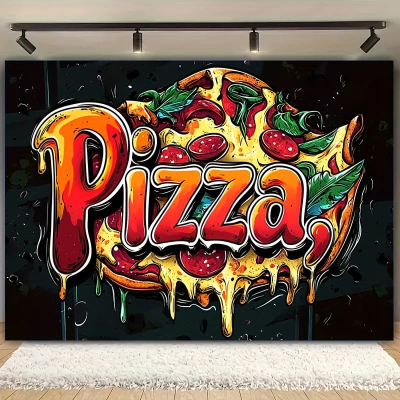 Pizza Graffiti Art Tapestry Foodie Wall Decor Street Style Kitchen Restaurant Sign Bold Graphic Design Melting Cheese Pepperoni
