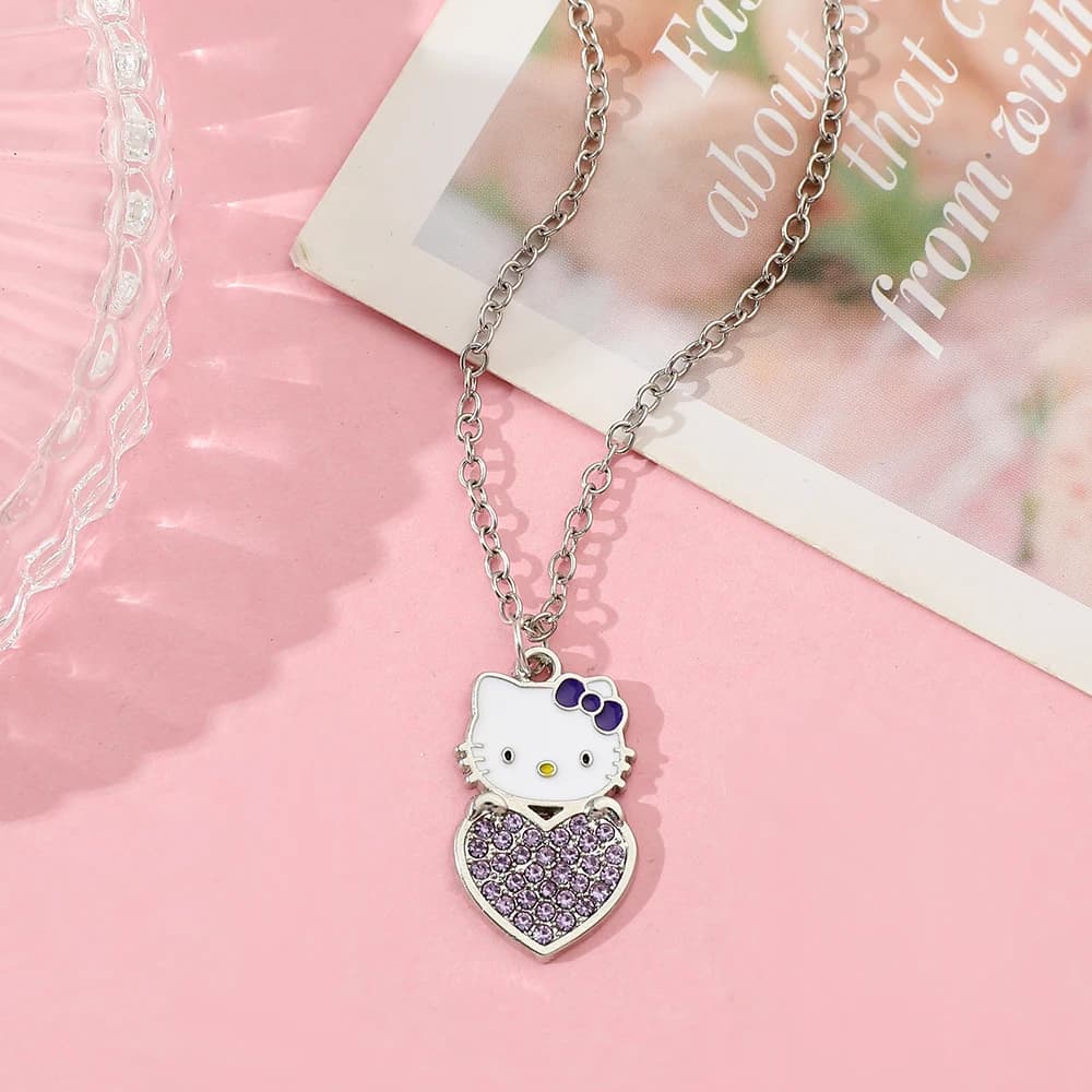 Hello Kitty Heart-Shaped Necklace Anime Cute KT Cat Cartoon Pendant Fashion Jewelry Gift for Friends Exquisite Ladies' Accessory