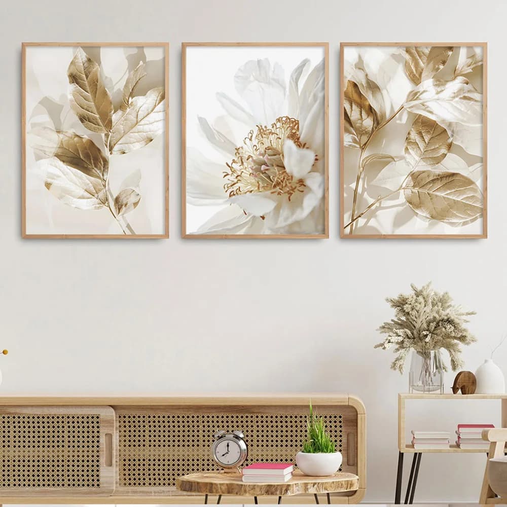 Set di 3 Quadri su Tela Senza Cornice, Stile Nordico con Fiori Bianchi e Foglie Dorate, Stampe Artistiche per Soggiorno