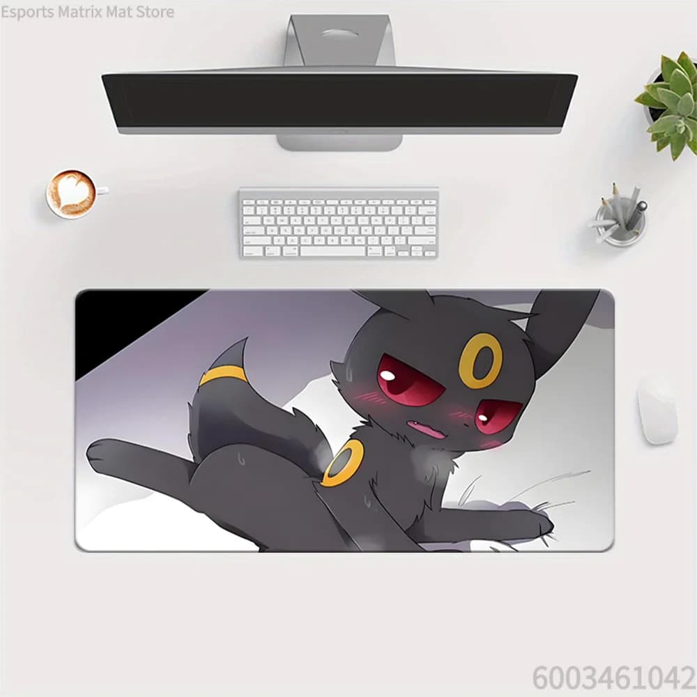 Extended playing mouse pad in Pokemon style Umbreon Flirty Chibi, large desk mat