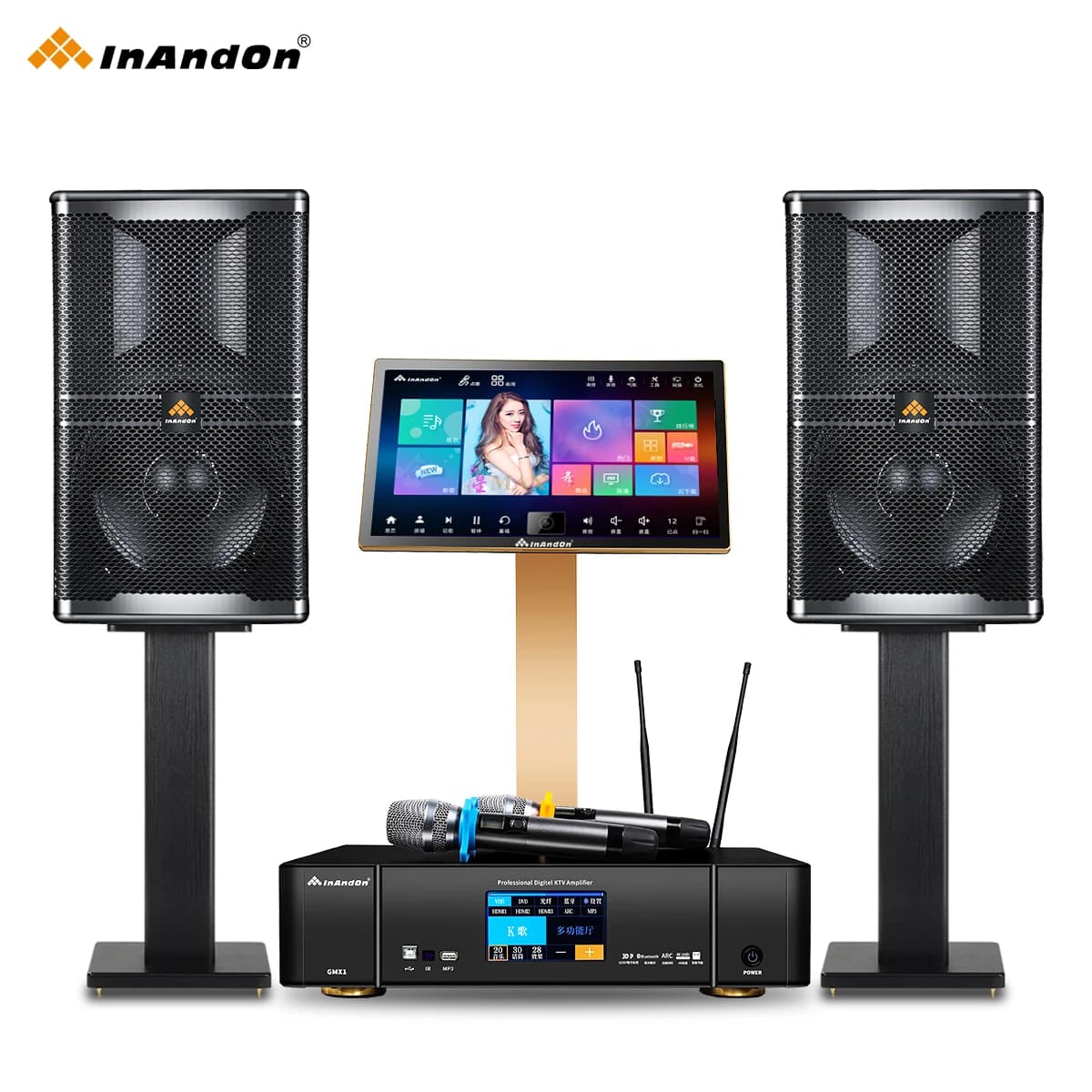 Inandon 21.5" 4TB Touch Screen HDD Karaoke Machine Online Movie Smart Song-Selection KTV Karaoke Player Speaker Set