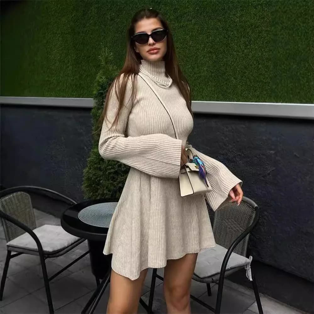 Men's Long Sleeved Ele High Ne with High Life Line A skirt, Fashion Women's Winter Dress