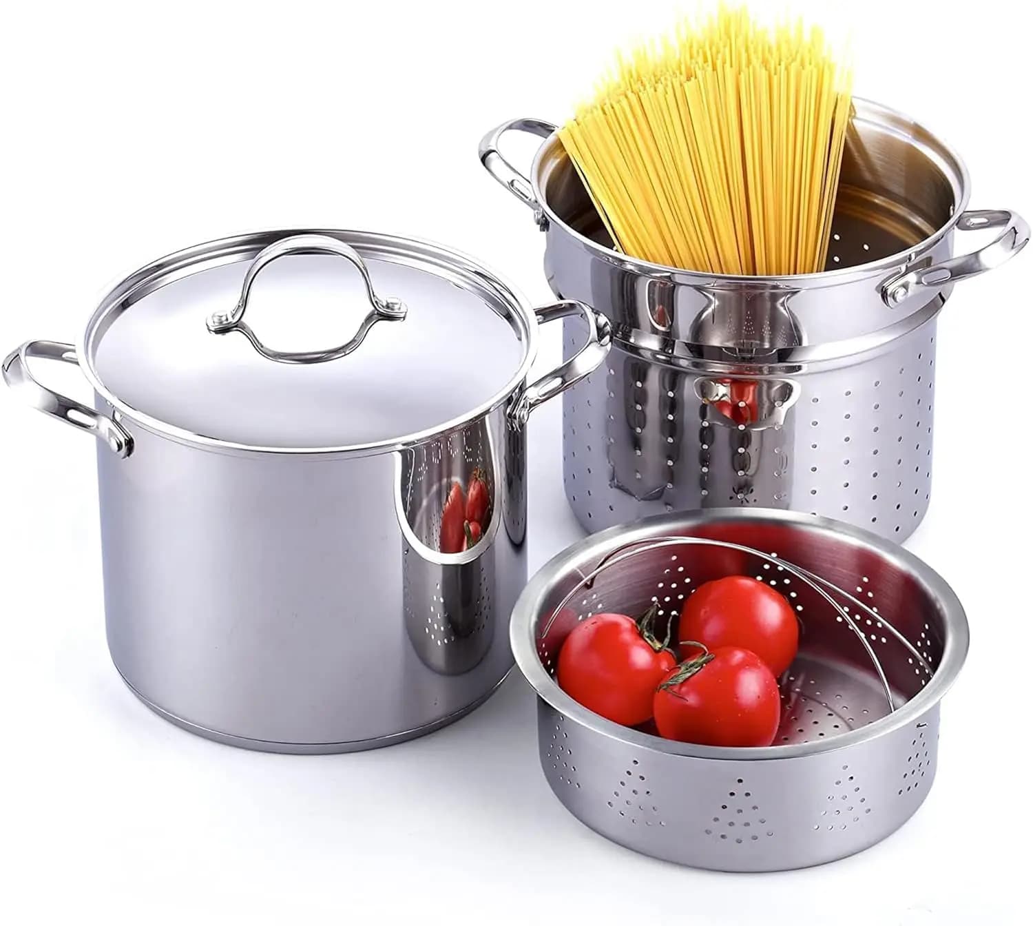 Pentola per Pasta in Acciaio Inox con Inserto Scolapasta, Set Multiuso da 12 Quarti per Cuocere e Cuocere a Vapore la Pasta