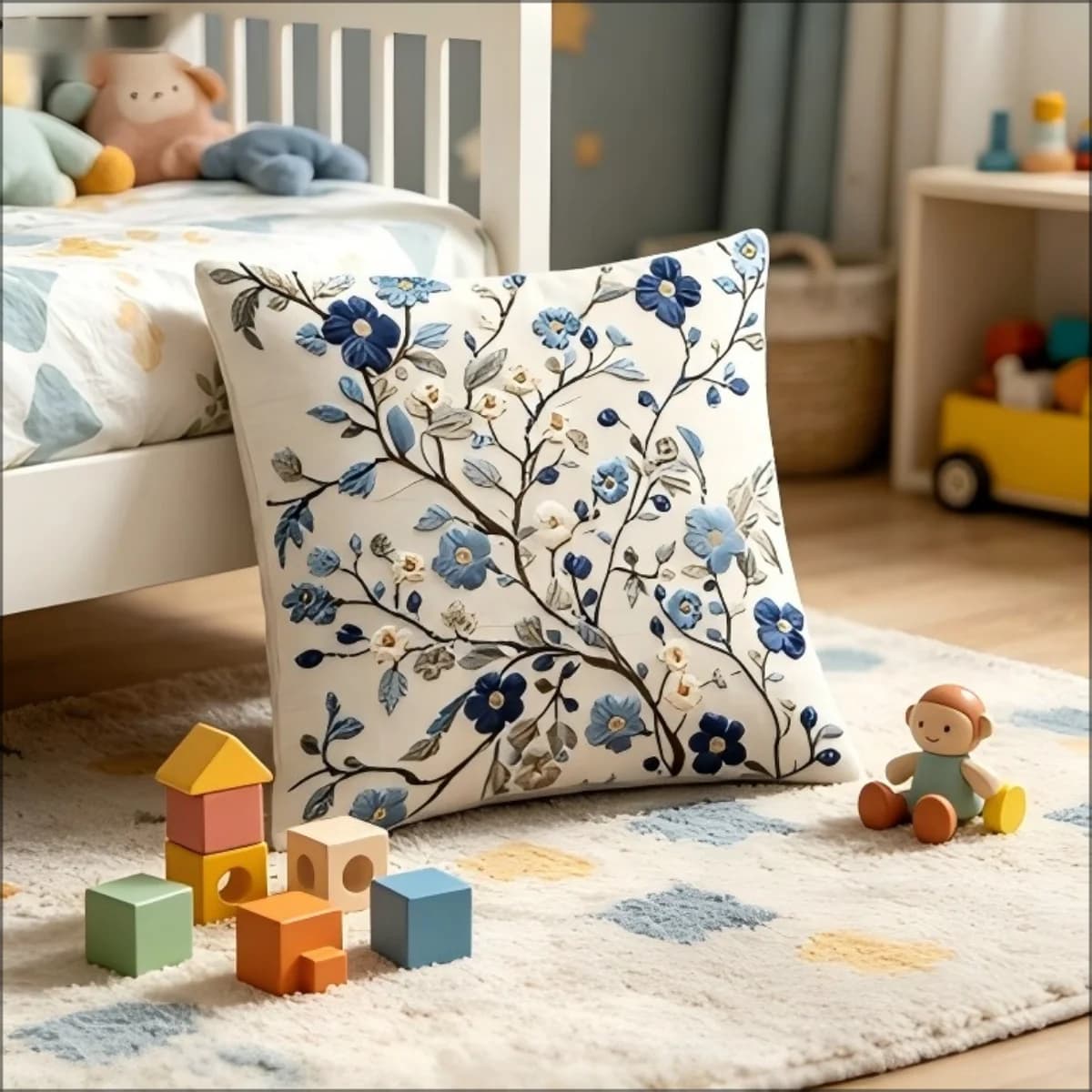 Fodera per cuscino blu con motivo floreale, stampa 2D effetto ricamo, motivo botanico vintage, per divano, letto, elegante per la casa